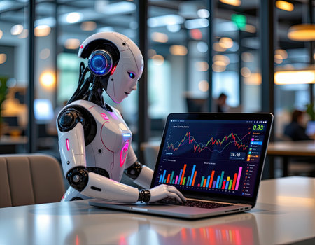 A futuristic robot assistant engaged in analyzing financial data on a laptop within a modern office setting, showcasing advanced technology and analytics tools.の素材