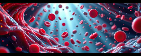 A stunning microscopic representation of red blood cells flowing through a vein, illuminated by dynamic light, showcasing the beauty of biological systems.の素材