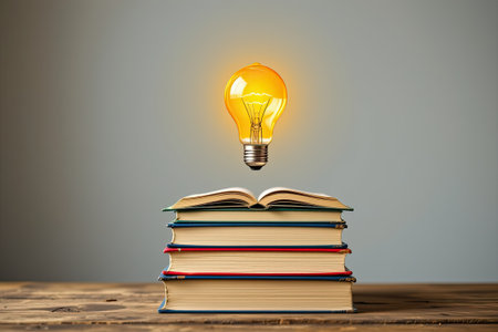A vibrant lightbulb floats above an open book resting on a colorful stack of books on a wooden surface, symbolizing creativity and knowledge.の素材