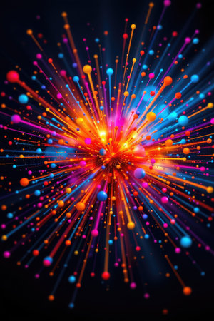 This captivating image features a vibrant explosion of colorful light particles against a dark background, perfect for abstract art and design projects.の素材