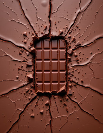 This captivating image features a cracked chocolate bar on a smooth surface, highlighting rich textures and intricate details of breaking pieces.の素材