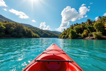 A vibrant red kayak floats on crystal clear turquoise water, surrounded by lush greenery and rolling hills under a bright blue sky. Perfect for adventure seekers.の素材