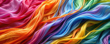 This image showcases a vibrant array of soft fabric in flowing patterns, featuring a rainbow spectrum of colors. Ideal for artistic or fashion-related projects.の素材