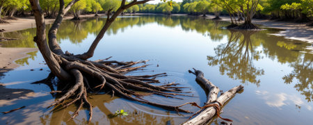 A tranquil scene capturing mangrove trees with exposed roots along a calm river. The vibrant greenery and water reflections create a serene atmosphere. Explore the beauty of natural ecosystems.の素材