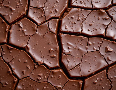 This image showcases a close-up view of dark brown chocolate featuring a textured surface with intricate cracks. The rich color and detail highlight the allure of chocolate, perfect for culinary designs or dessert presentations.の素材