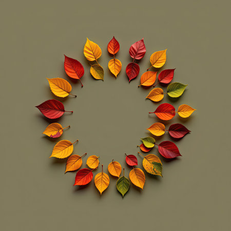 A stunning circular arrangement of vibrant autumn leaves in rich colors placed on a neutral background. Perfect for seasonal decor and nature-inspired designs.の素材
