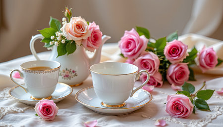 An elegant tea set adorned with fresh pink roses, creating a serene and inviting atmosphere. Perfect for tea parties, garden celebrations, or cozy moments.の素材