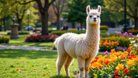 A fluffy alpaca stands gracefully in a blooming garden vibrant with colorful flowers under the bright sun, embodying tranquility and charm.の素材