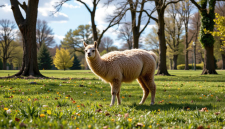 A fluffy llama stands gracefully on lush green grass in a tranquil park, surrounded by trees and scattered autumn leaves, offering a picturesque view.の素材