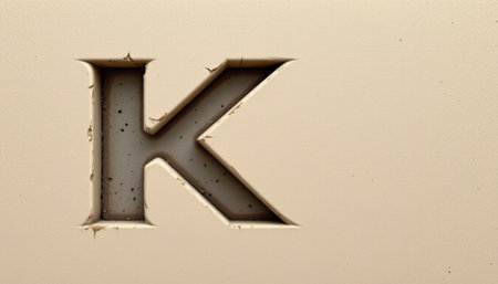 This image showcases a close-up view of the letter K, elegantly cut out with textured edges. The beige background emphasizes its unique design and artistic flair.の素材