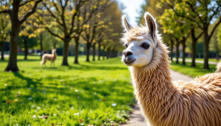 A fluffy alpaca stands in a sunny park, surrounded by vibrant greenery and trees. Its serene expression adds charm to this tranquil outdoor scene.の素材