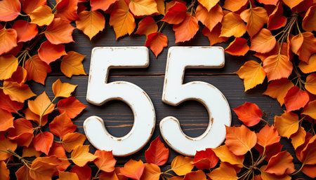 A picturesque display of the number fifty-five adorned with vibrant autumn leaves showcases the beauty of the fall season, perfect for seasonal decor.の素材