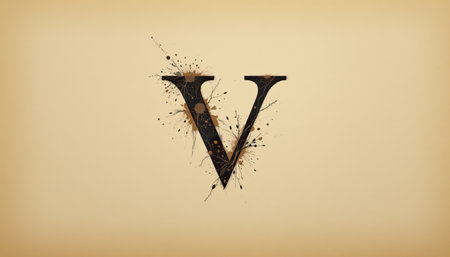 This image features an elegant letter V surrounded by artistic splashes against a soft beige background, perfect for creative projects and designs.の素材