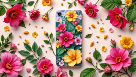 A stunning arrangement of vibrant flowers in varied colors surrounds a decorative phone case, showcasing the beauty of nature's floral design.の素材