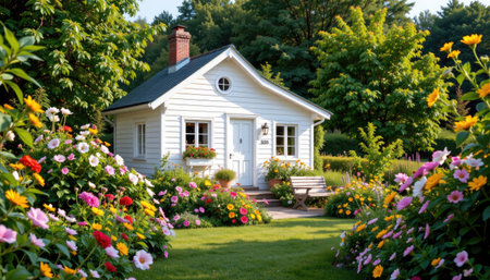 A picturesque white cottage nestled amid a stunning garden filled with blooming flowers, surrounded by vibrant greenery on a sunny day.の素材