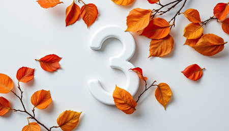 This captivating image features a white number three elegantly placed among vibrant autumn leaves in shades of orange and red, creating a fresh and seasonal vibe.の素材