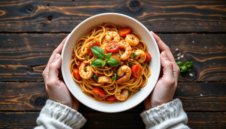 A mouthwatering bowl of shrimp pasta presented with fresh basil and juicy cherry tomatoes, perfect for a cozy dinner setting and inviting culinary delight.の素材