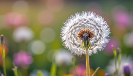 A closeup view of a dandelion puff set against a vibrant, colorful meadow, capturing the essence of nature's beauty in soft sunlight.の素材