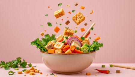 A vibrant, colorful salad featuring fresh vegetables and crispy toppings floating above a classic bowl on a soft pink background, highlighting texture and freshness.の素材