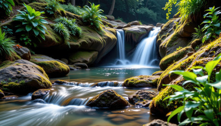 Discover a stunning waterfall cascading through vibrant greenery, surrounded by smooth rocks. The scene evokes tranquility, inviting nature lovers to explore this serene oasis.の素材