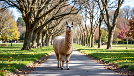 A charming llama stands on a sunny park pathway, framed by vibrant autumn trees, creating a delightful scene of nature and tranquility perfect for outdoor lovers.の素材