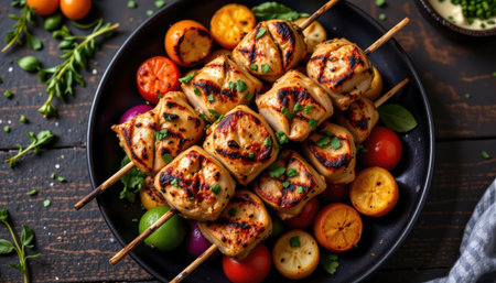 Delight in this vibrant presentation of grilled chicken skewers served atop a colorful medley of fresh vegetables and herbs, perfect for any feast.の素材