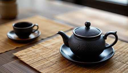 This image features an elegant black teapot paired with a matching cup, set on a natural bamboo mat. The minimalist decor enhances a tranquil ambiance perfect for tea occasions.の素材