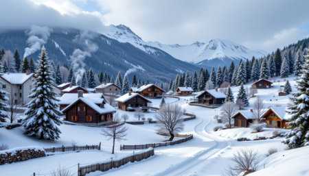 This stunning winter scene captures a village of cozy cabins blanketed in fresh snow, with majestic mountains rising in the background. The tranquil setting invites peace and exploration, perfect for winter holidays.の素材