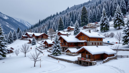 A serene winter scene featuring cozy wooden cabins nestled among lush evergreen trees, creating a picturesque mountain landscape in the snow.の素材
