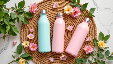 This image showcases a trendy arrangement of pastel color water bottles, complemented by delicate floral accents on a natural fiber background, evoking modern elegance.の素材