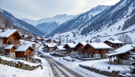 An enchanting winter scene showcases a picturesque Alpine village nestled among majestic snow-covered mountains. Wooden cabins line the winding road, creating a serene atmosphere ideal for travel and relaxation.の素材