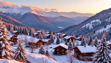 A breathtaking winter view of a quaint mountain village nestled among snow-covered trees and majestic peaks, capturing the essence of tranquility and beauty.の素材
