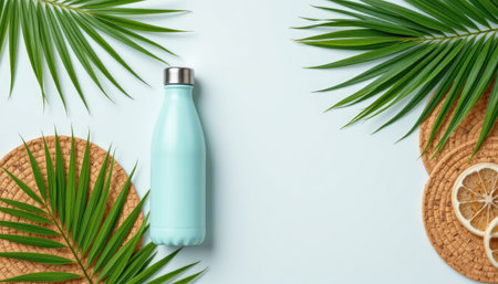 A refreshing beverage bottle is prominently displayed amid lush tropical palm leaves and natural coasters, creating a serene summertime vibe.の素材