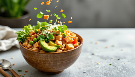 A vibrant salad featuring chopped vegetables, creamy avocado, green peas, and fresh herbs, all presented in a rustic wooden bowl on a modern surface.の素材