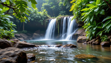 This stunning image showcases a serene tropical waterfall nestled among lush greenery, with tranquil waters reflecting the surrounding nature.の素材