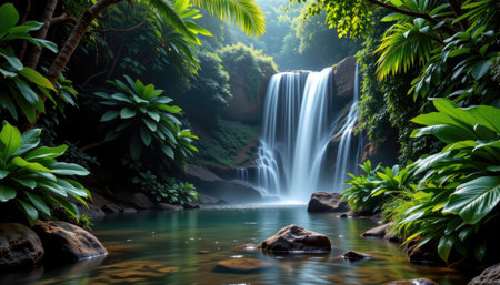 Explore a stunning tropical waterfall nestled in a lush jungle, with vibrant greenery and calm waters creating a peaceful natural scene. Enjoy the serenity.の素材