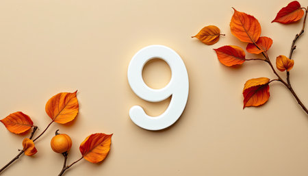 Beautifully arranged number nine surrounded by vibrant autumn leaves against a soft beige background, ideal for seasonal themes in design and decoration.の素材