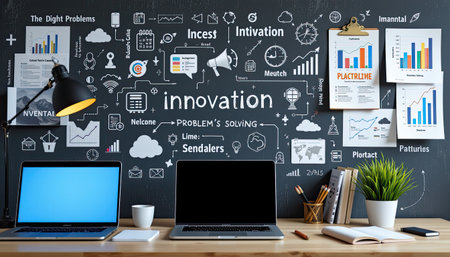 A modern office workspace showcasing innovation concepts on a chalkboard background, featuring laptops, charts, and planning materials. Ideal for creative professionals.の素材