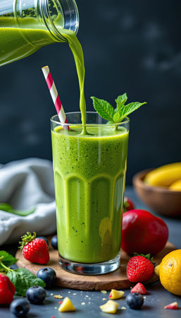 A vibrant green smoothie is poured into a tall glass, surrounded by fresh fruits and garnished with mint leaves, embodying health and nutrition.の素材