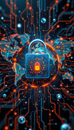 This image illustrates a digital lock within a network of circuitry, symbolizing cybersecurity and data protection in the technology landscape.の素材