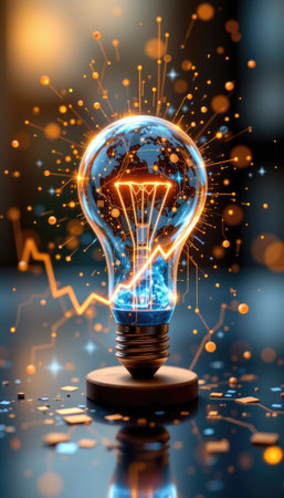 This striking image showcases a glowing light bulb illuminated by electric sparks, symbolizing innovation and creativity with a modern backdrop.の素材