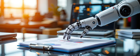 A sleek robotic hand is positioned over a set of documents in a modern office environment, showcasing the integration of technology in daily tasks and workflows.の素材