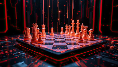 A visually striking futuristic chess scene featuring glowing red pieces on a digital circuit-inspired board, evoking themes of strategy, intellect, and competition.の素材