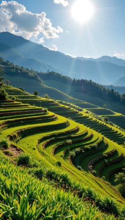 Stunning landscape of terraced rice fields showcasing rich greenery and sunlight. This serene scene captures the harmony between nature and agriculture in rural Asia.の素材