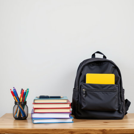 This image features a stylish study setup including a backpack, stacked books, and various stationery items on a wooden table. Perfect for students!の素材