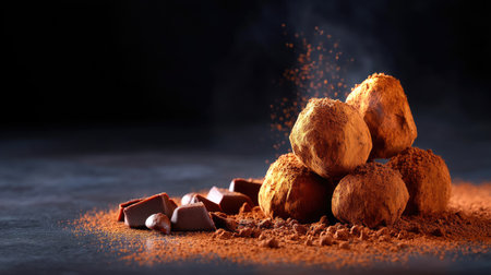 A stunning arrangement of rich chocolate truffles dusted with cocoa powder sits on a dark surface, capturing the essence of gourmet indulgence.の素材