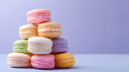 A vibrant stack of French macarons showcases an array of pastel colors against a calming blue backdrop. Ideal for food photography, desserts, and culinary art.の素材