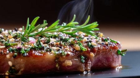 A beautifully prepared steak garnished with fresh herbs showcases tender meat and aromatic steam. Perfect for culinary enthusiasts.の素材