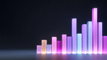 This captivating image features a series of vibrant neon bar graphs set against a dark background, ideal for representing data trends and business analytics.の素材