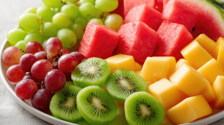 A vibrant and colorful assortment of fresh fruits displayed on a platter, showcasing kiwi, watermelon, grapes, and melon, perfect for healthy snacks.の素材